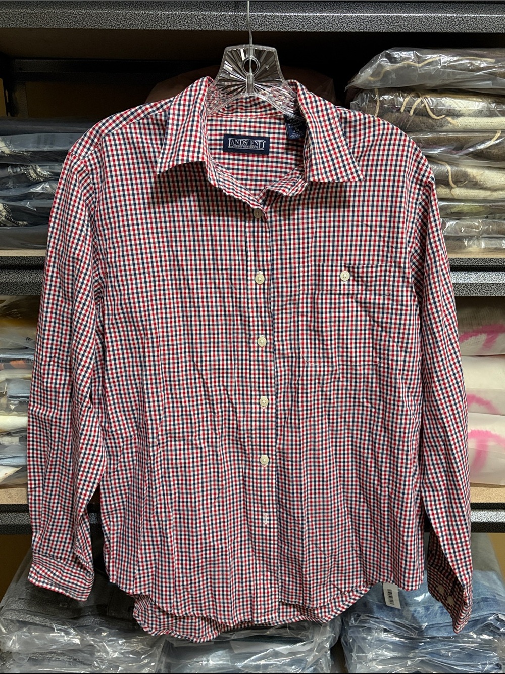 Lands' End Red and White Gingham Button-Down Shirt